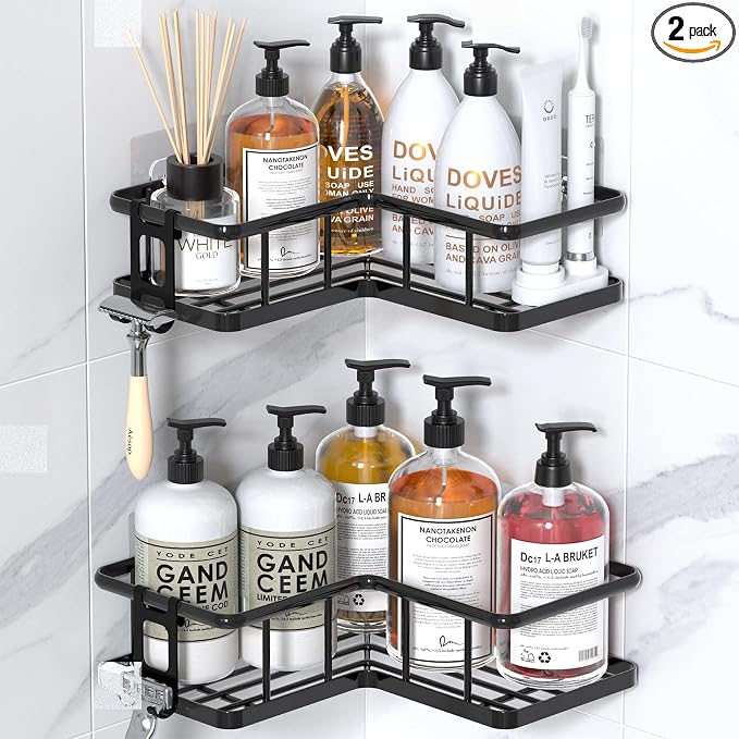 YASONIC Corner Shower Caddy 2 Pack, No Drill Adhesive Shower Storage Shelves, Rustproof Stainless Steel Wall Mounted Bathroom Organizer Shelf with 2 Removable Hooks for Dorm & Renters, Black by YASONIC