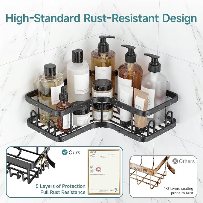 Veken Corner Adhesive Shower Caddy 4-Pack with Soap Holder&Hooks,No Drilling Shower Shelves,Rustproof & Waterproof Bathroom Organizers and Storage,Rack for Small Spaces, Kitchen&Rental-Friendly,Black - Image 3