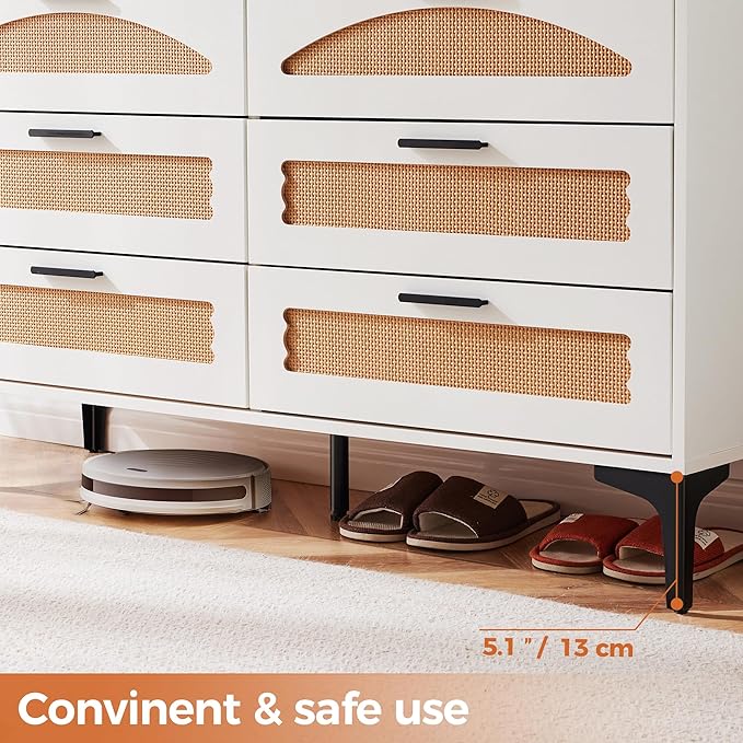 Mericonia 6 Drawer Double Dresser for Bedroom, Wood Rattan Dresser for Closet with Metal Legs, Boho TV Stand with Drawers, Dressers & Chests of Drawers for Bedroom, Hallway and Entryway, White