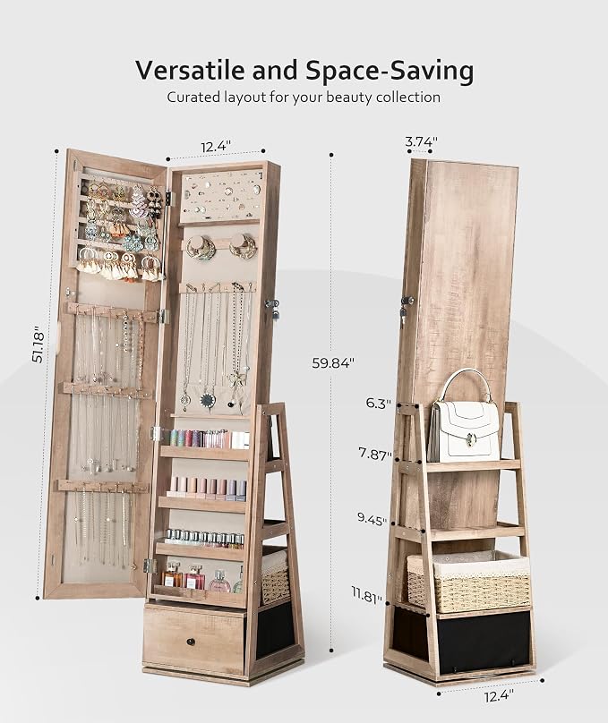 Nicetree 360°Swivel Jewelry Cabinet, Rotatable Full Length Mirror with Jewelry Storage, Standing Jewelry Armoire Organizer, Lockable Jewelry Organizer with 3 Rear Shelves, Bottom Drawer, Oak - Image 5