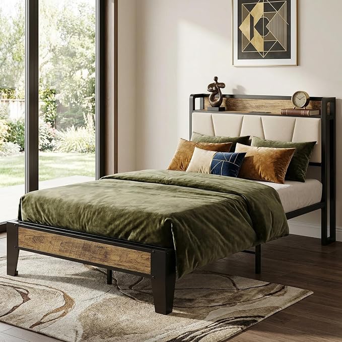 LIKIMIO Twin Bed Frames, Storage Headboard with Charging Station, Solid and Stable, Noise Free, No Box Spring Needed, Easy Assembly (Walnut and Beige)