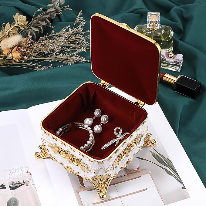 Hipiwe Vintage Jewelry Box Rectangular Trinket Chest Metal Treasure Holder for Ring Earrings Organizer Keepsake Box Gift for Woman, Beige, 5.1" L x 5.1" W x 3.1" H - Image 4