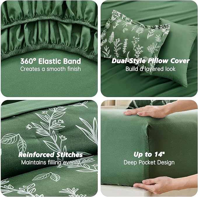 MUXHOMO Dark Green King Comforter Set, Elegant Floral Print Bed in a Bag 7 Pieces, Ultra Soft & Breathable Reversible Botanical Pattern Bedding Set with Comforter, Sheets, Pillowcases, and Shams