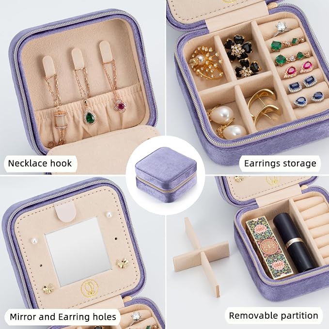 TRODANCE Plush Velvet Travel Jewelry Case Organizer, Small Travel Jewelry Box,Portable Jewelry Box Travel Mini Organizer Portable Display Storage Box For Rings Earrings Necklaces (Periwinkle Blue) - Image 4