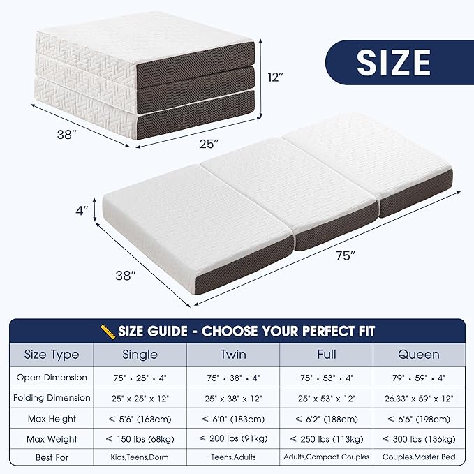 Hanherry 4 Inch Foldable Mattress Twin Size, Tri-Folding Portable Memory Foam Topper Floor Bed with Storage Bag, Washable Cover for Travel, Camping, RV, Guest