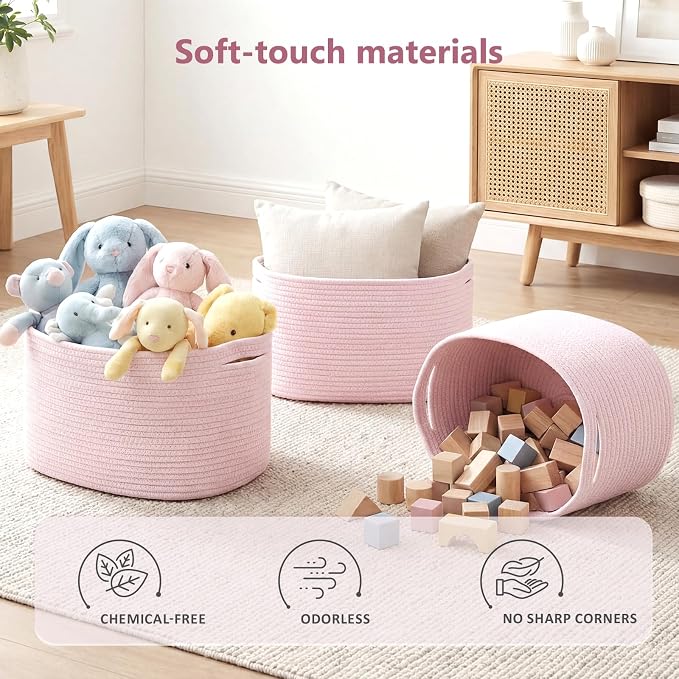 ECDYQXVU Cotton Rope Storage Basket, 15x10x9 Inches, Woven Basket for Shelves, Clothes, Towels, Books, and Laundry, Light Pink (3 Pack) - Image 5