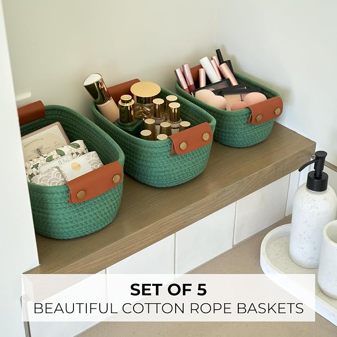 Beautiful Storage Basket Set of 5 - Sturdy Cotton Rope Baskets for Shelves Are Perfect for Organizing Your Home - Quality Storage Bins Easily Fit With Any Nursery or Bedroom Decor - Image 5