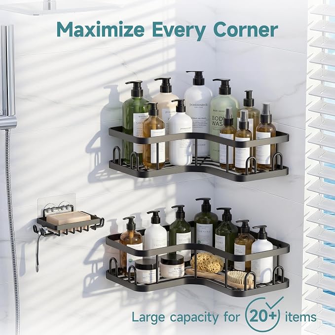 Veken Corner Adhesive Shower Caddy 3-Pack with Soap Holder&Hooks,No Drilling Shower Shelves,Rustproof & Waterproof Bathroom Organizers and Storage,Rack for Small Spaces, Kitchen&Rental-Friendly,Black - Image 2