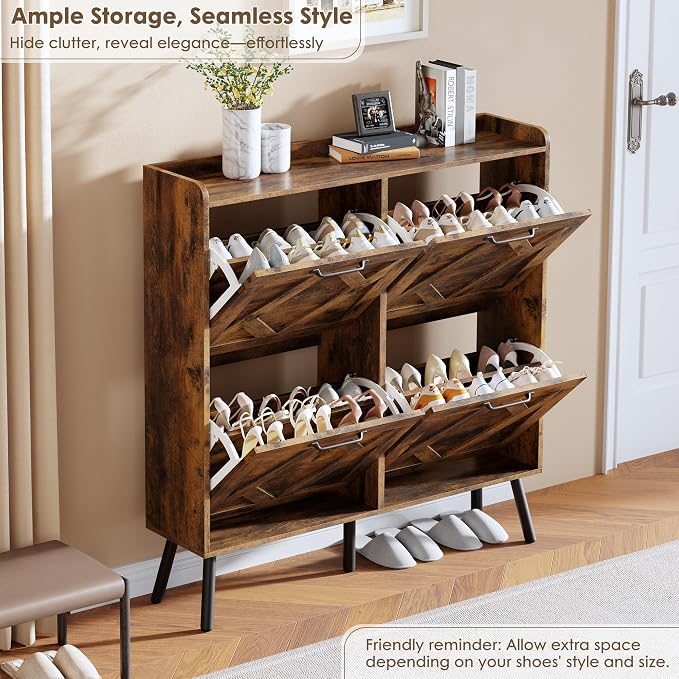 Nicetree Shoe Cabinet Storage for Entryway, Freestanding Shoe Storage Cabinet, Farmhouse Narrow Shoe Rack Cabinet for Entryway, Foyer, Hallway, Shoe Cabinet 4 Flip Drawers, Rustic Brown - Image 5