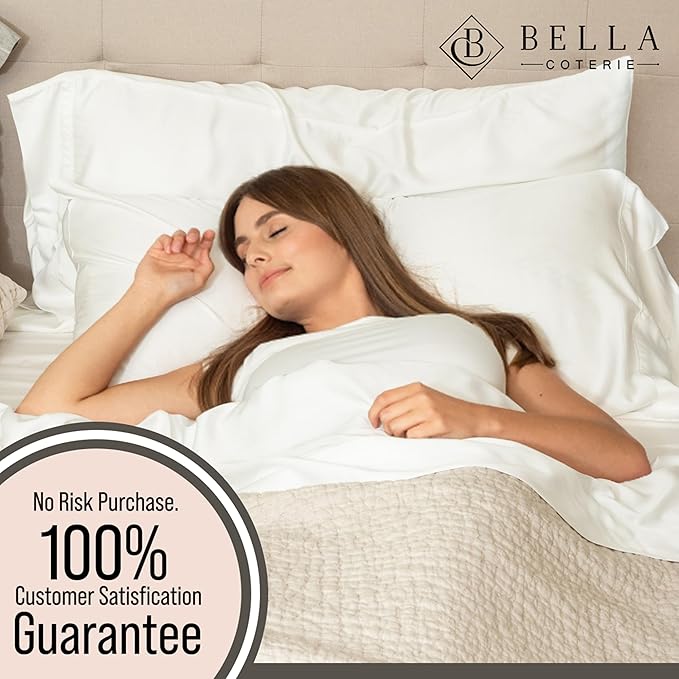 Bella Coterie 7 Piece Luxury Bamboo Viscose Split King Size Sheet Set | 2 Fitted Sheets for Adjustable Beds | 100% Organically Grown | Cooling for Hot Sleepers | 4 Pillowcases [Ivory]