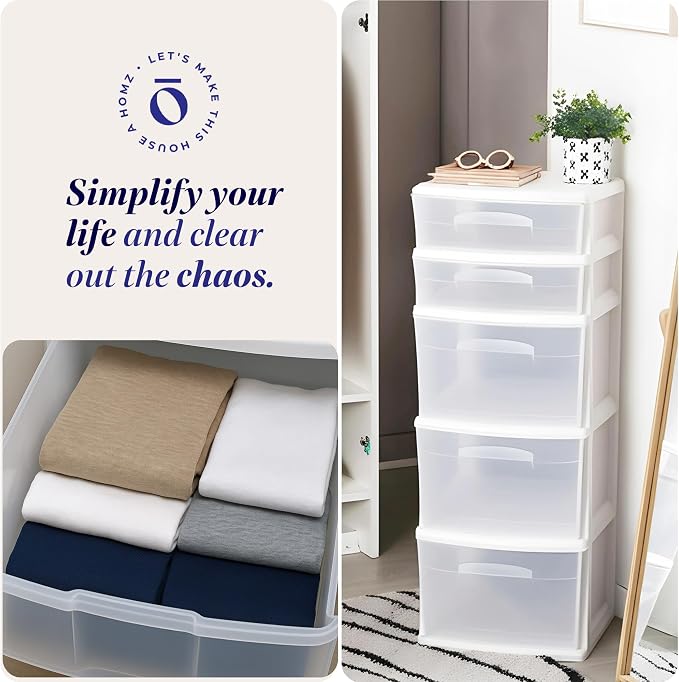 HOMZ 5-Drawer Storage Cart, Clear Plastic Drawers, 14.25" Wide Medium, White Frame - Organizing Drawer Containers for Home, Bathroom, Office, and Classroom - Image 7