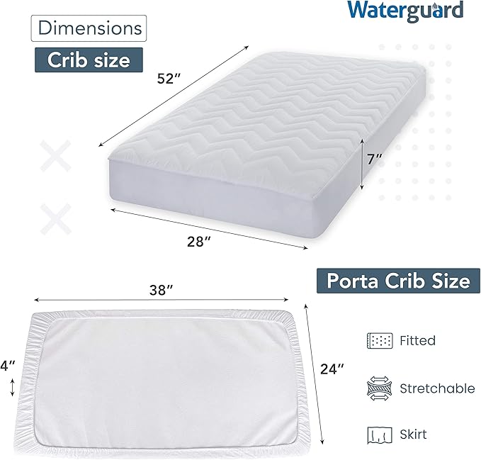 Waterguard Quilted Cotton Mattress Pad - Crib Size - Soft, Comfortable, and Fluffy Mattress Pad - Waterproof Mattress Protector Stretched 7" for Snug Fit on Regular Sized Mattress.