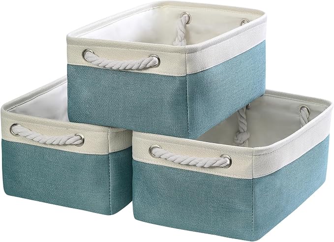 TheWarmHome Fabric Storage Bins Baskets for Organizing,Sturdy Storage Basket W/Handles, Decorative Foldable Storage Baskets for Shelves Closet Nursery Toy (White&Teal, Medium - 3 Pack) by TheWarmHome