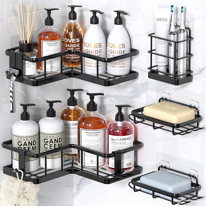 YASONIC Corner Shower Caddy, 5-Pack Adhesive Rustproof Stainless Steel Shower Organizer with Soap Holder, No Drilling Shower Shelf for Inside Shower, Dorm, Renters, Black by YASONIC