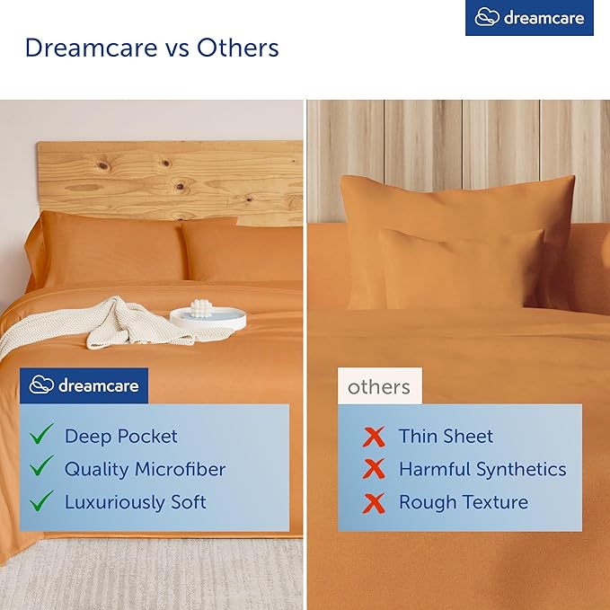 DREAMCARE Queen Size Sheets - Cooling Bed Sheets - 4pcs Set - up to 15" Deep Pocket Queen Sheet Set - Sheets Queen Size Bed - Soft & Long Lasting 100% Fine Brushed Polyester with Side Pocket Terracota