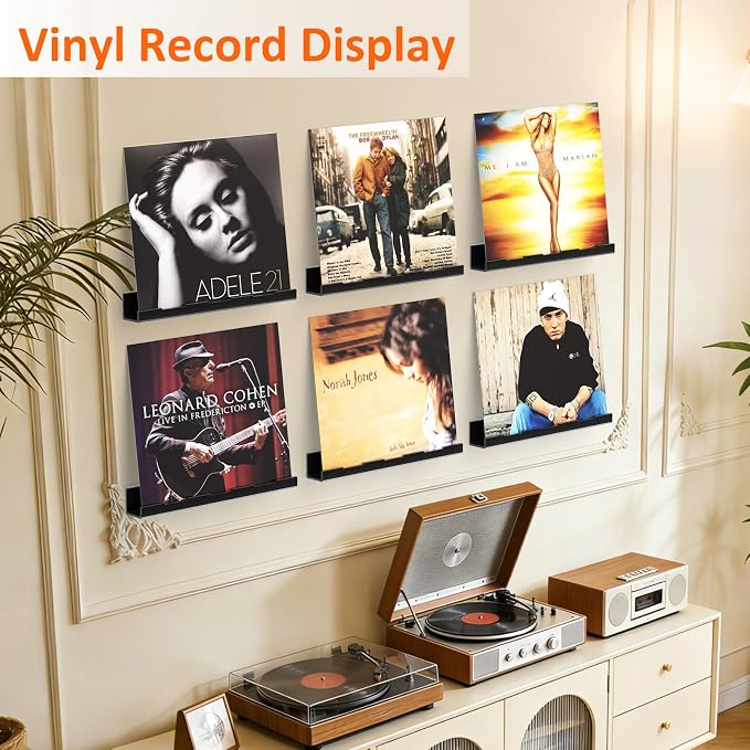 Optish 12 Pack Vinyl Wall Mount Shelf, 12" Vinyl Record Holder, Clear Record Shelf Display and Storage, Acrylic Shelves for Wall, Nursery, Living Room, Bedroom, Black - Image 2