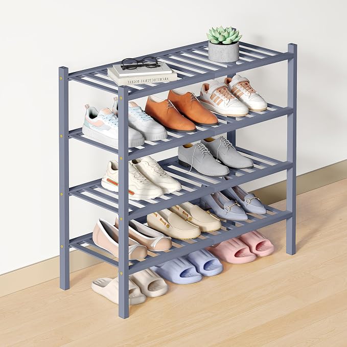 Smiry Bamboo Shoe Rack for Closet, 4 Tier Wooden Stackable Shoe Organizer, Free Standing Shoes Storage Shelf for Entryway, Front Door Entrance, Grey by Smiry