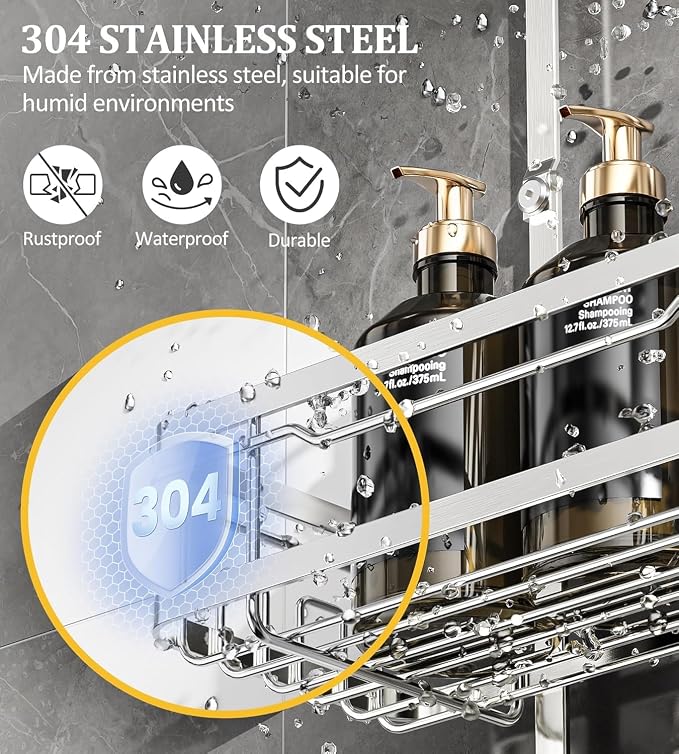 OMAIRA Shower Caddy Hanging with Soap Scrub Holder, Stainless Steel Adjustable No Drilling Non-Slip Large Capacity Sturdy Over Shower Head Shower Organizer Inside Shelves Bathroom Storage Rack, Silver - Image 3