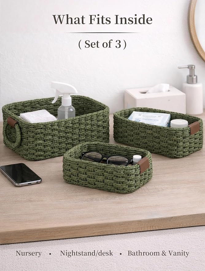 Storage Basket, Recycled Paper Rope Bathroom Basket Organizer, 3Pcs Small Baskets for Organizing, Mini wicker Basket for Decorative Storage Bins, Shelves, Bathroom, Cabinet - Green - Image 3