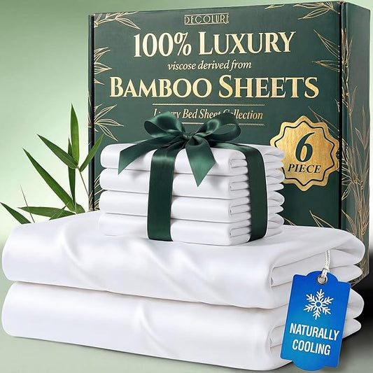 DECOLURE 100% Viscose Derived from Bamboo Sheets Full Size - Luxury 6 Pc Naturally Cooling Sheets, Ultra Soft Bed Set - Deep 17" Pockets, Durable Double Stitching, Oeko Tex Standard (White)