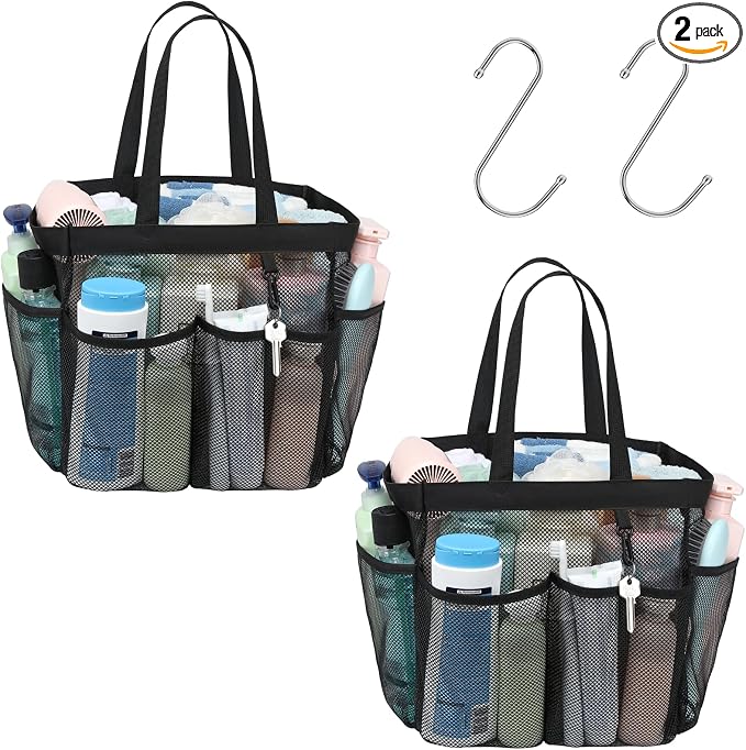 F-color Mesh Shower Caddy Portable, X Large 7 Deeper Pockets Shower Bag Basket Tote for College Dorm Room Bathroom Essentials Gym Camp Quick Dry 2 handles with S Hook, 2 Pack Black by F-color