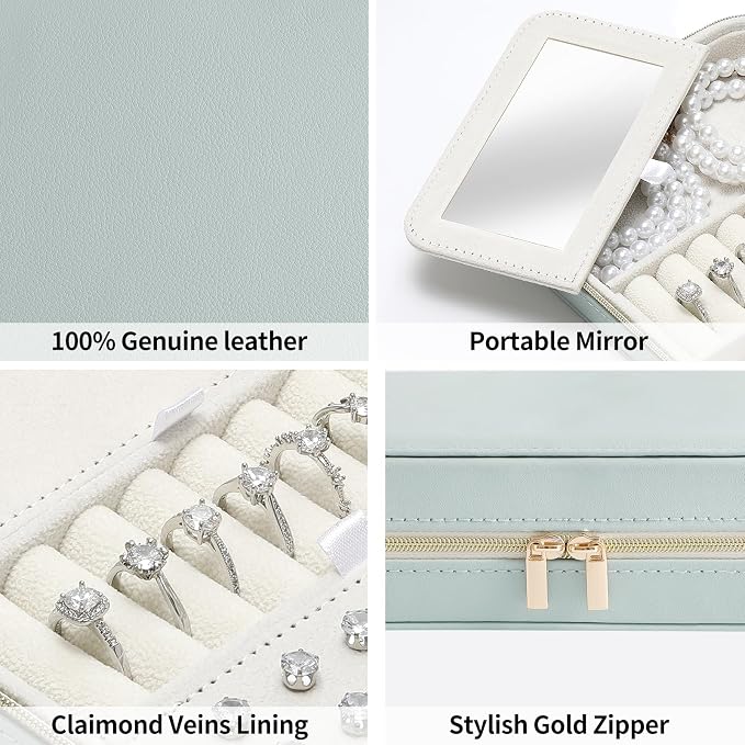 Genuine Leather Travel Jewelry Organizer Case Box with Mirror for Women, Small Mini Portable Jewelry Box for Ring Earrings Necklace Bracelet Luxury Gift for Women（Dark Green） - Image 3