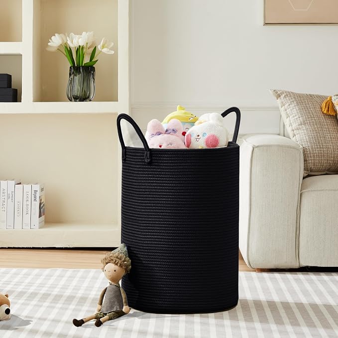 80L Extra Large Black Laundry Hamper Tall Woven Rope Laundry Basket for Clothes Modern Blanket Storage Basket in Living Room Bedroom 16"L x 16"W x 22"H - Image 8