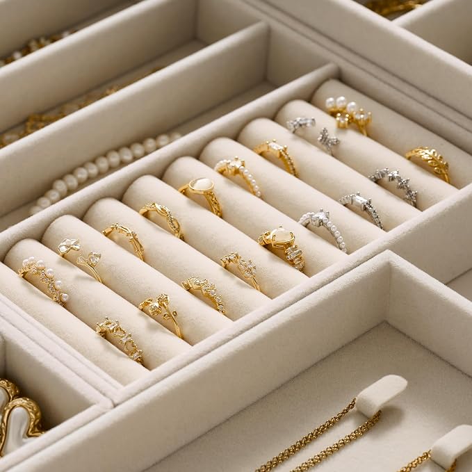 Velvet Jewelry Drawer Organizer Trays – Large Beige Stackable Jewelry Storage Inserts Set, 4-Layer Jewelry Tray Set for Earrings, Rings, Necklaces, Bracelets with Removable Dividers for Dresser,Vanity - Image 4