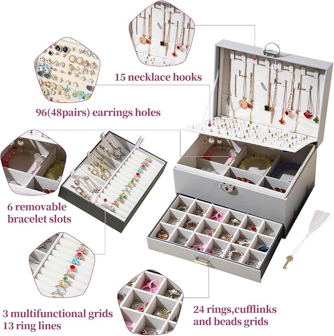 BOOVO Earring Jewelry Box For Women Girl Stud Organizer, 5 Layers Girl Jewelry Organizer Box With Lock Earring Holder Organizer Necklace Ring Jewelry Organizer Box For Girls (grey) - Image 2