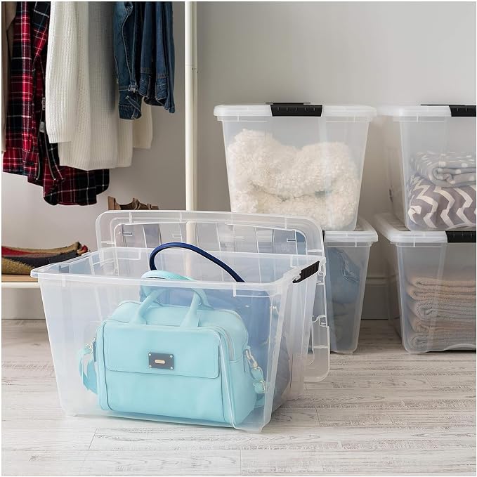 IRIS USA 54 Qt Stackable Plastic Storage Bins with Lids, 8 Pack - BPA-Free, Made in USA - See-Through Organizing Solution, Latches, Durable Nestable Containers, Secure Pull Handle - Clear - Image 6
