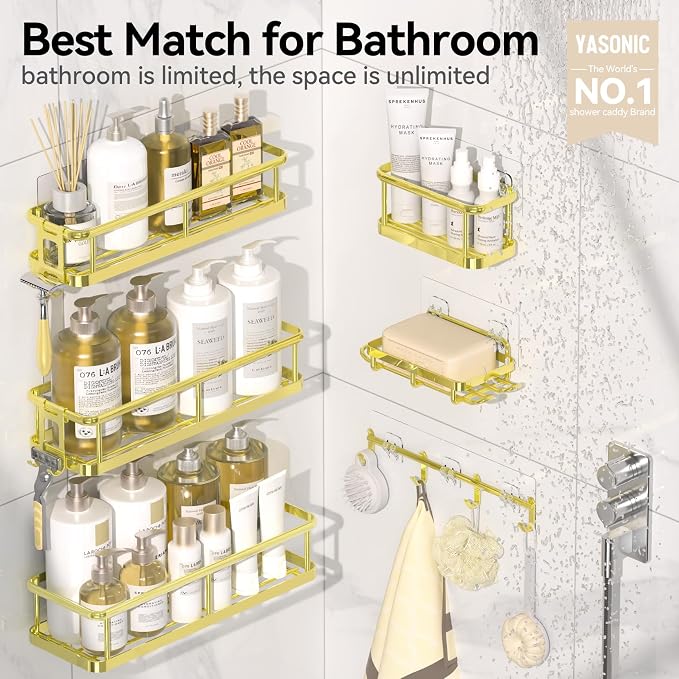 YASONIC Shower Caddy, 6 Pack Large Capacity Bath Organizer with Soap Holder and 12 Hooks, Rustproof Shower Shelves for Inside Shower, No Drilling&Sleek Bathroom Organizers and Storage Gold - Image 2