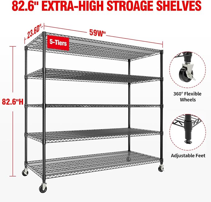 Garvee 5-Tier Metal Shelving with Wheels, Heavy Duty Rolling Storage Shelves 3300LBS Loads, Adjustable Wire Rack Shelving Unit for Garage Kitchen Pantry Commerial, 82" H x 59" W x 23.6" D, Black ﻿ ﻿ - Image 2