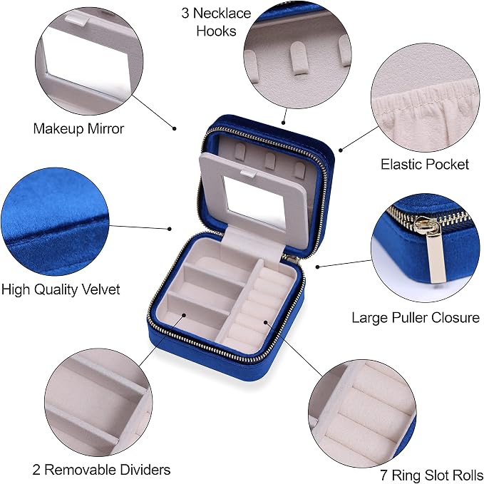 BLUTETE Travel Jewelry Box Organizer Velvet Travel Case With Mirror Ring Earrings Necklaces Storage Organizer Box (Midnight Blue) - Image 6