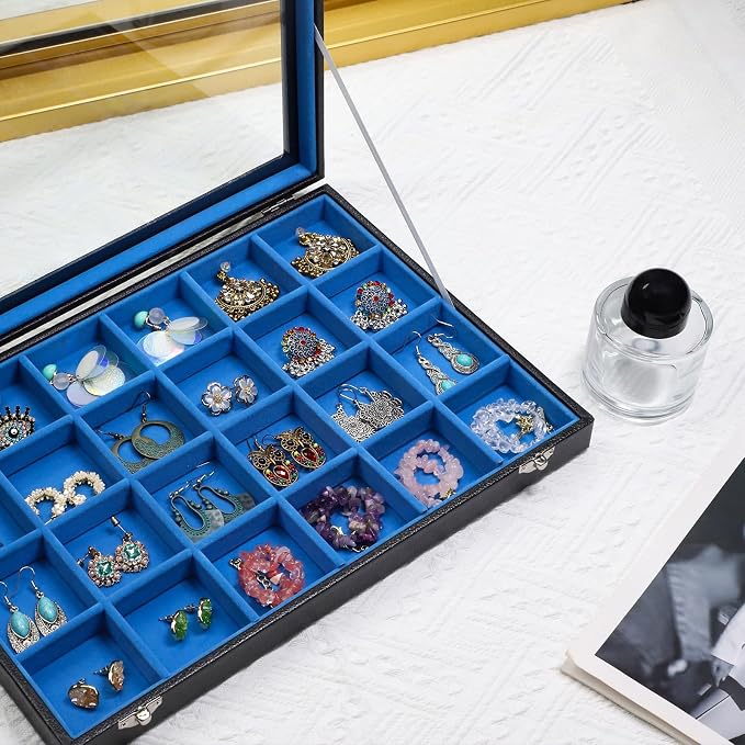 Stratalife Earring Organizer Jewelry Tray with See-through Lid Jewelry Holder Organizer Jewelry Organizer Box Jewelry Storage Crystal Holder Rock Collection Box 24 Grid (Blue Black) - Image 3