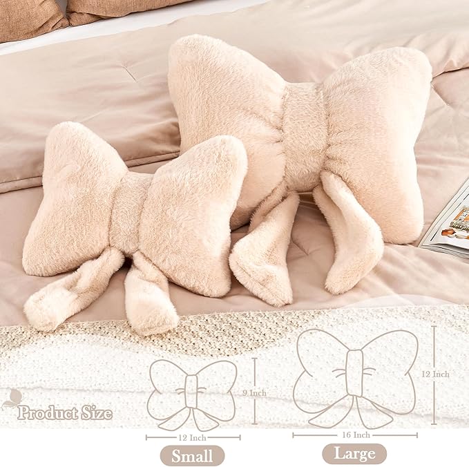 XVTRU Beige Bow Pillow, Soft Bow Decorative Pillows with Faux Rabbit Fur, Cute 16" Bow Throw Pillows, Aesthetic Home Decor Bow Shaped Plush Pillow for Bedroom Sofa Couch
