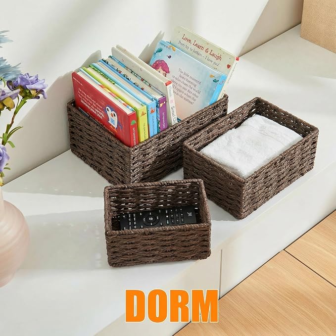 Small Wicker Basket for Organizing, Woven Storage Basket Set of 3 - Handwoven Natural Paper Rope Baskets to Declutter Any Room, Perfect for Organizing and Home Decor (Coffee) - Image 5