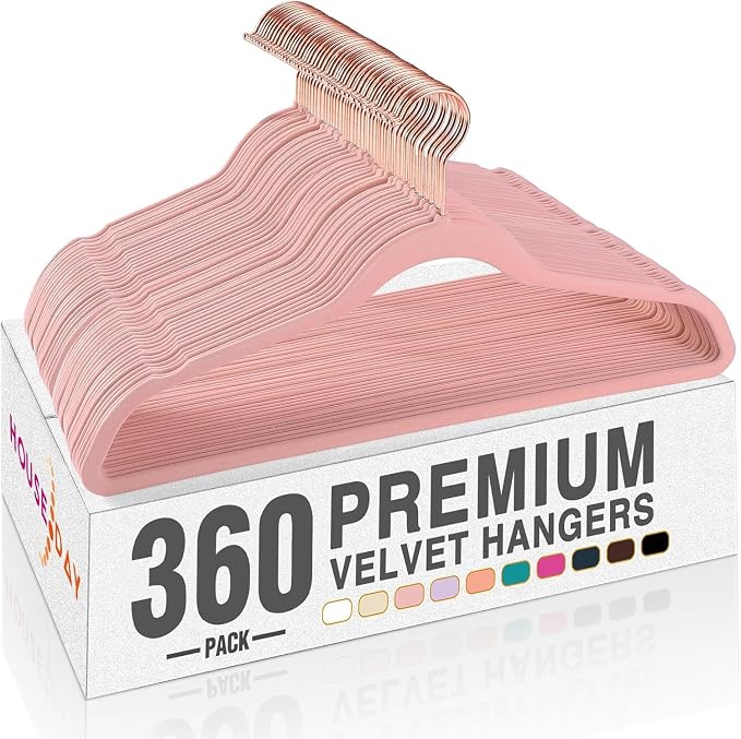 HOUSE DAY Pink Velvet Hangers 360 Pack, Premium Non-Slip Felt Clothes, Sturdy Heavy Duty Coat, Durable Hangers for Suits, Space Saving with No Hanger Mark, 360° Swivel Rotating Rose Gold Hook by HOUSEDAY