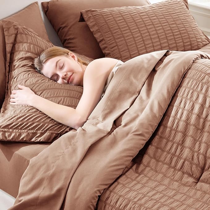 CozyLux King Size Comforter Set Mocha Mousse Seersucker 7 Pieces Bed in a Bag King Comforter Set with Sheets, Luxury Soft Bedding Sets with Down Alternative Comforter, Sheets, Pillowcases & Shams