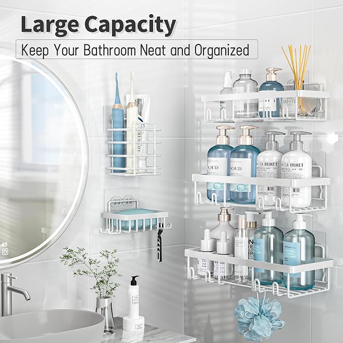 Liuoud 5 Pack Shower Caddy Organizer Rack Shelf for Inside Shower, Self Adhesive Wall Storage Basket Rustproof Stainless Steel Shampoo Holder Bathroom Accessory Decor Set, White - Image 3