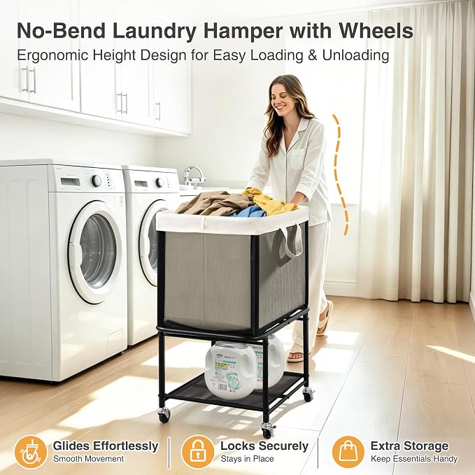 STO STO Rolling Laundry Hamper with Lockable Wheels, 29-Gallon (110L) Laundry Cart with Removable Canvas Bag, 2-Tier Clothes Basket Hamper with Shelf for Closet, Bedroom, Bathroom, Laundry Room - Image 4