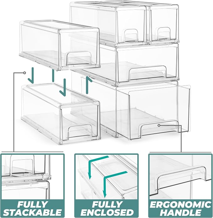 Sorbus Small Clear Stackable Storage Drawers – 4-Pack Plastic Organizer Bins with Handles – Stackable Pull-Out Storage Drawers for Closet, Pantry, Office, Bathroom, Craft, and Toy Organization - Image 4
