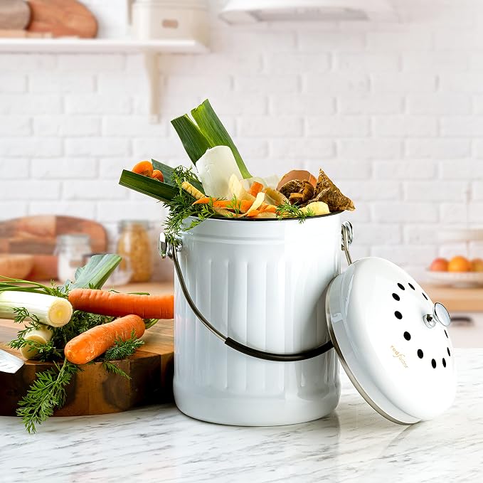 RED FACTOR Premium Compost Bin for Kitchen Countertop - Stainless Steel Food Waste Bucket with Innovative Dual Filter Technology - Includes Spare Filters (White, 1.3 Gallon) - Image 4