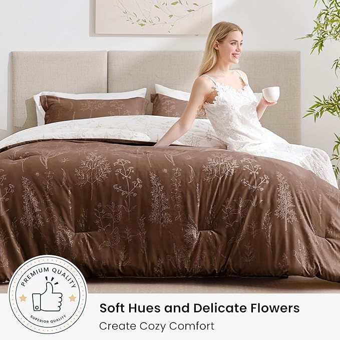 Love's cabin Chocolate Full Comforter Set - Full Size Comforter Set, 3 Pieces Cute Floral Bedding Sets for All Seasons,1 Soft Reversible Botanical Flowers Comforter and 2 Pillow Shams