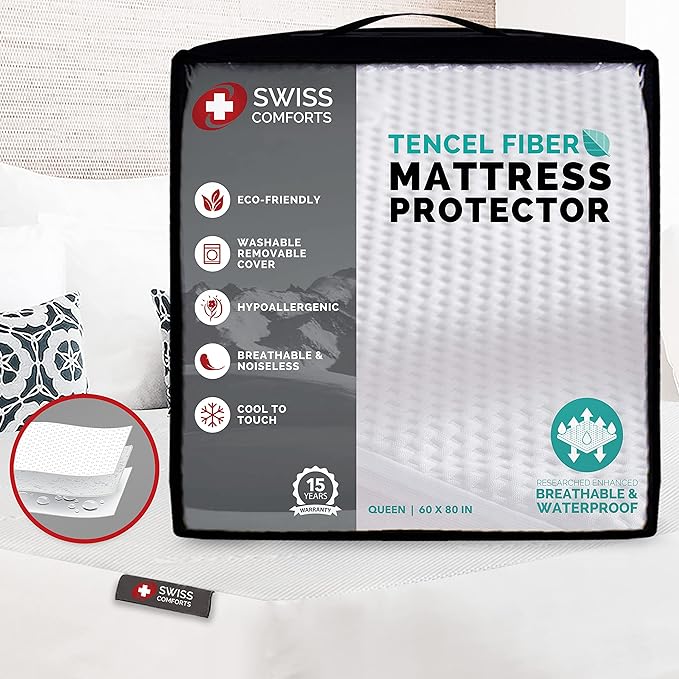 Swiss Comforts 100% Waterproof Mattress Protector Queen Size - Tencel Mattress Cover | Naturally Cooling, Breathable & Noiseless | Soft Fitted Bed Sheet (Tencel, Queen 60"x80")