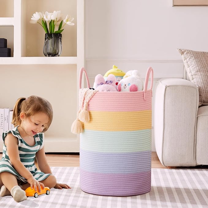 80L Extra Large Rainbow Laundry Hamper for Baby Girls Clothes Tall Woven Laundry Basket for Kids Nursery Toy in Playroom Blanket Basket for Living Room Bedroom 16"D x 22"H Pastel Unicorn - Image 2