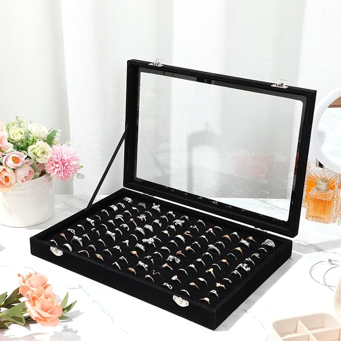 Yinkin 2 Pcs 100 Slots Ring Organizer Box with Transparent Glass Lid Necklace Display Tray Ring Case Velvet Jewelry Holder (Black) - Image 6