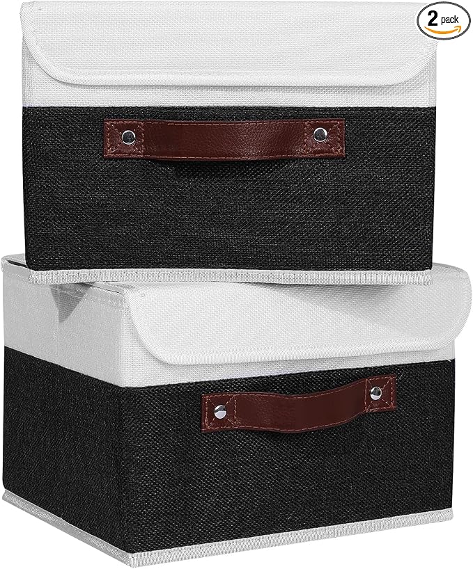 ANMINY 2PCS Storage Boxes with Lid Washable Decorative Storage Bins Basket with PU Leather Handle Foldable Linen Fabric Storage Cubes Containers for Home Closet Organizer - Black White, Small Size by ANMINY