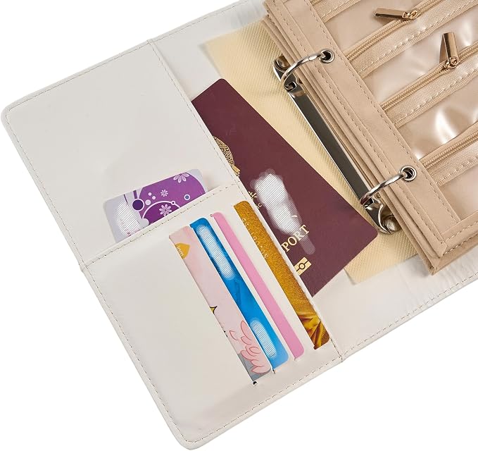 SEVENBEES Women’s Travel Jewelry Case - Jewelry Boxes PU Leather Ring Binder Organizer with Zipper Velvet Jewelry Pouches Bags - Cream White - Image 6