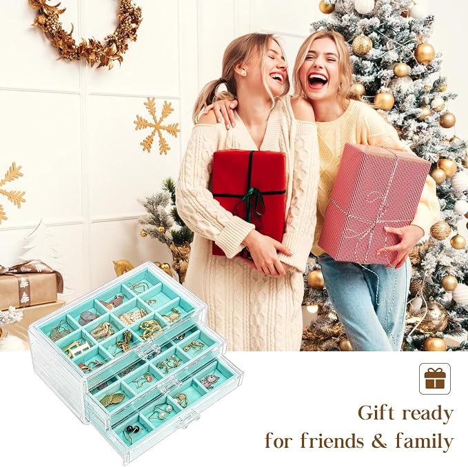 ProCase Earring Holder Organizer Jewelry Box with 3 Drawers, Acrylic Clear Earring Case with Adjustable Velvet Trays for Women - Aqua, 3 Layers - Image 7