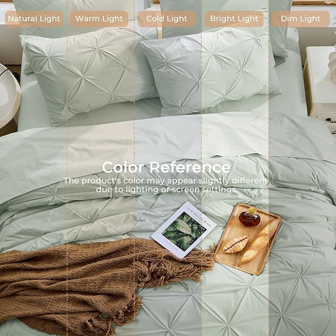 Sasttie Full Size Comforter Set, 7-Piece Bed in a Bag, Pintuck Bedding Set for All Season, Includes Comforter, Flat Sheet, Fitted Sheet, Pillowcases and Pillowshams, Dusty Green